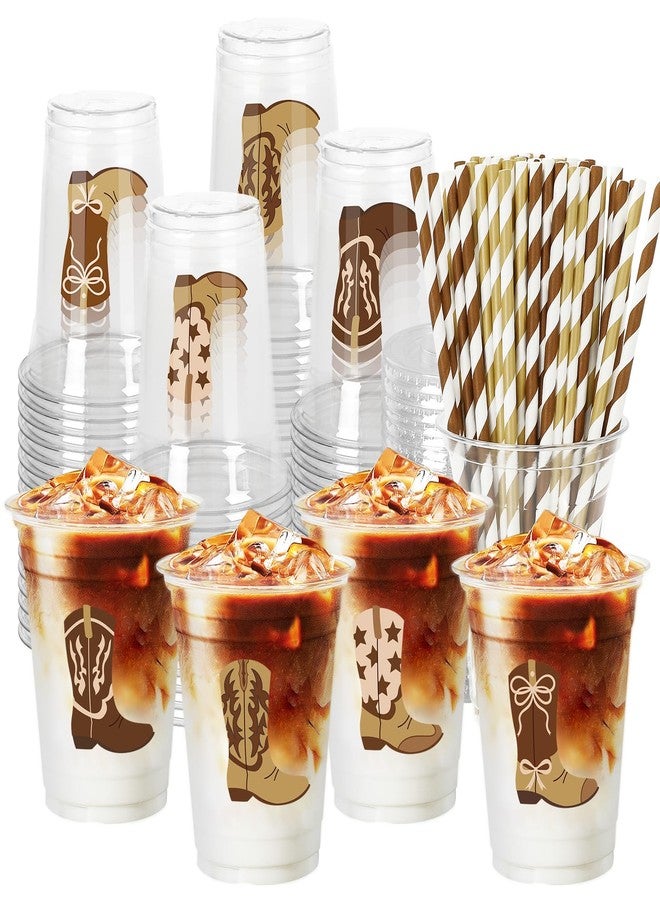 JarThenaAMCS مجموعة جارثينا إيه إم سي إس، 100 قطعة من أكواب رعاة البقر البلاستيكية مع أغطية وماصات، أكواب للاستخدام مرة واحدة، سعة 12 أونصة، كوب شرب بني اللون بتصميم أحذية رعاة البقر، مناسبة لحفلات أعياد الميلاد وحفلات استقبال المولود الجديد ذات الطابع الغربي، 4 تصاميم - Image 1